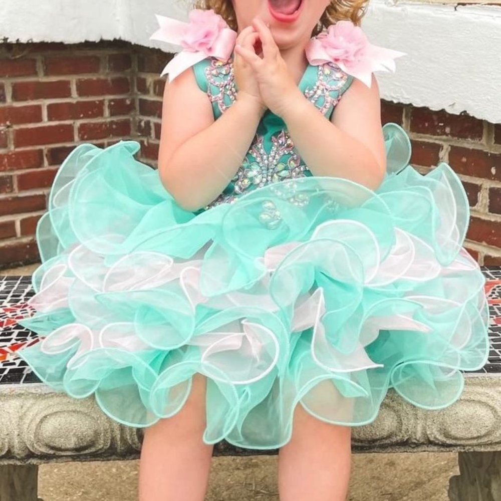 NWT Beautiful Sparkling Bling Rhinestone Aqua Pink Baby Gown Flower Girlโฆ - Picture 6 of 6